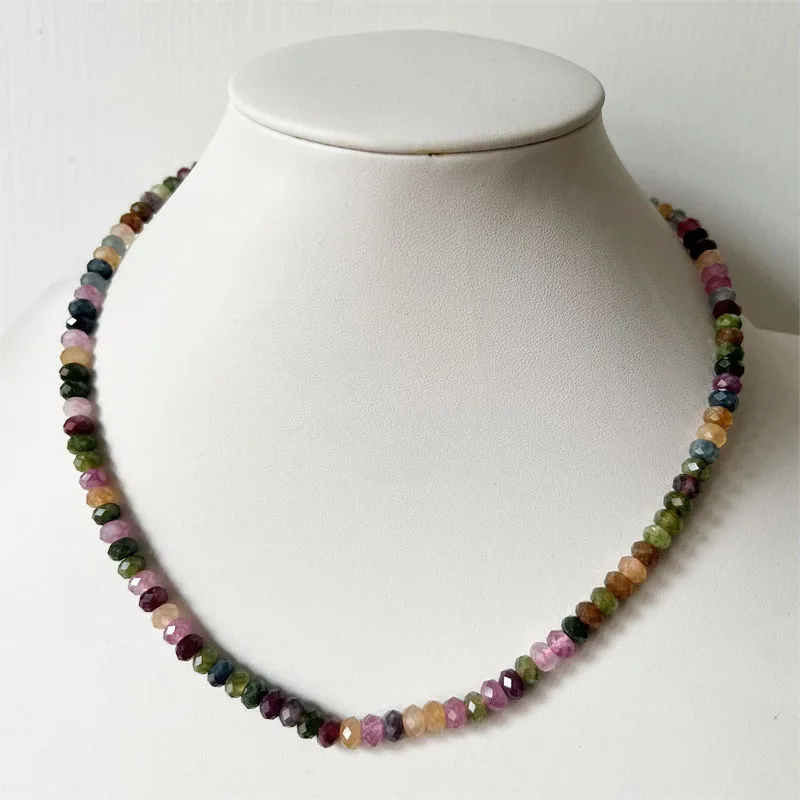 

4*6MM Faceted Tourmaline Necklace Colorful Natural Stone Beads Handmade Chain Fashion Women Collar Jewelry Gift