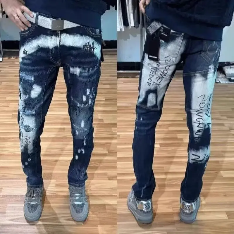 Autumn New Fashion Trend Printed Ripped Jeans Men's Casual Slim Comfortable Breathable High-Quality Denim Pants