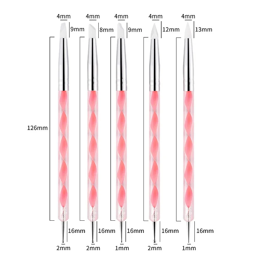 5PCs 2-Way Silicone Nail Art Pen Stainless Steel Flower Painting Tool Kit for Creative Manicure Design