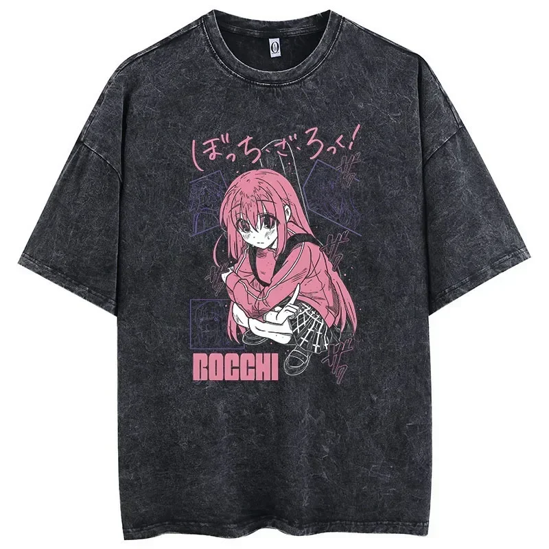 Japanese Anime Gotoh Hitori Print Vintage Washed Tshirt Harajuku Streetwear Graphic T-Shirt Summer Short Sleeve  2025 Tshirt