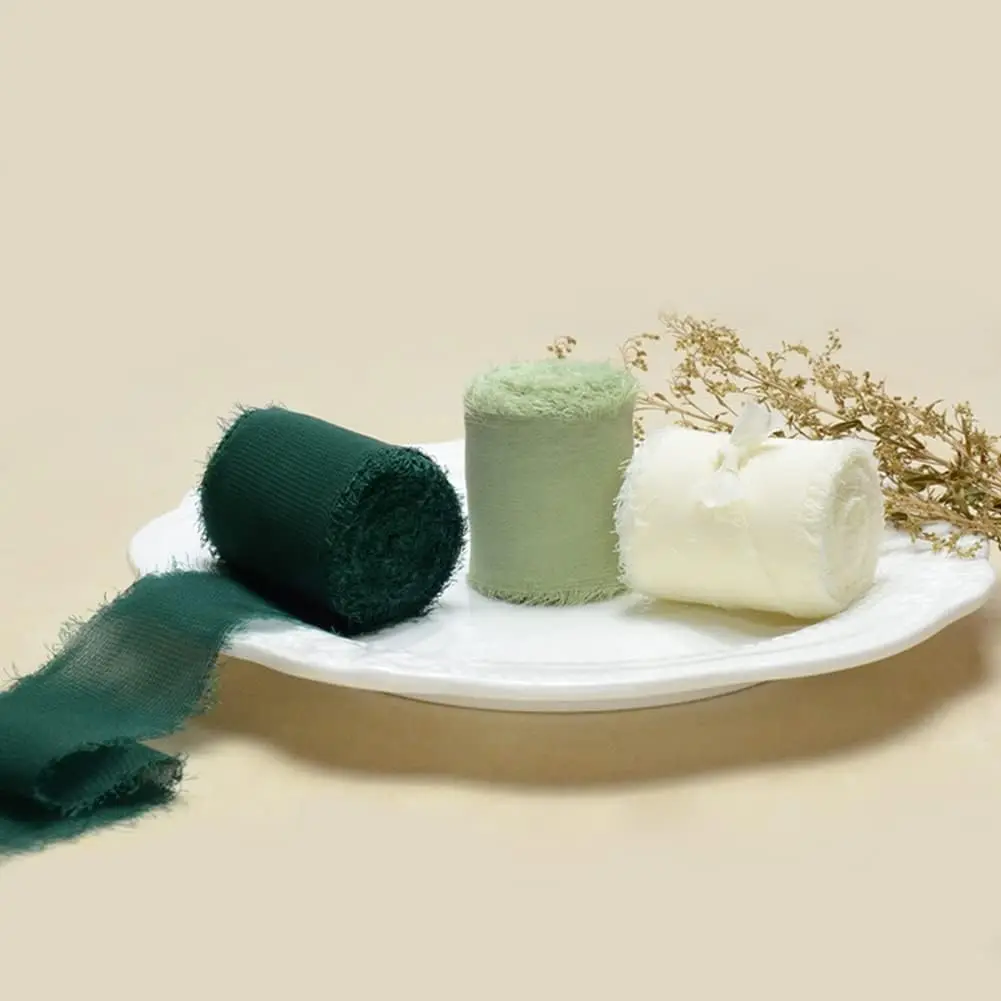

3 Rolls 4cm*3m Chiffon Ribbon for Flower Bouquet Green & Cream Fabric Ribbon for Crafts Decorating Bouquet Wrap Wedding Fabric