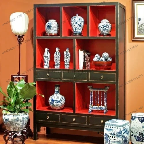Solid Wood Furniture 8-Drawer 9-Grid Antique Display Stand Bookshelf Bookcase Tea Room Display Stand