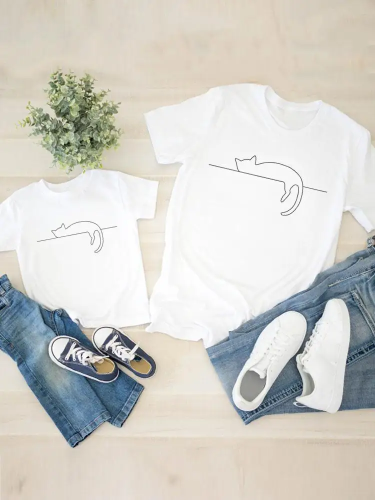 

Cat Print Fashion Casual Women Child Kid Clothing Graphic T-shirt Tee Boy Girl Summer Mom Mama Clothes Family Matching Outfits