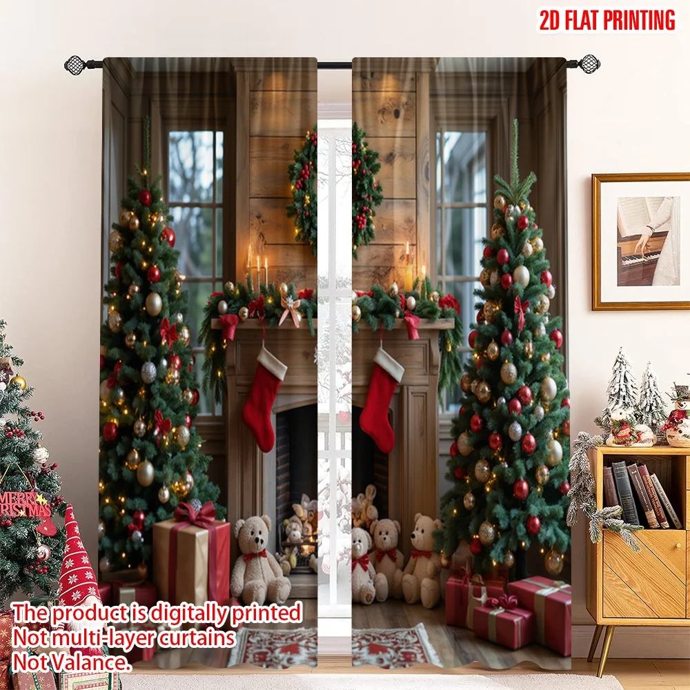 

2pcs 2D flat printing Merry Christmas Popular Window Curtains Christmas Fireplace Bears Wreath 100% Polyester Fabric Without