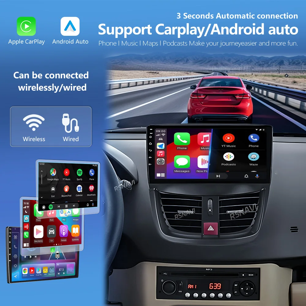 Android 16 Carplay Auto 2K Screen Car Radio BT Multimedia Player For Peugeot 207 CC 207CC 2006 - 2015 Autoradio Stereo Head Unit