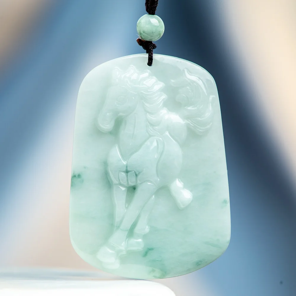 

TIMESWIND Natural Myanmar A-type Jade Floating Flower Green Horse Zodiac Pendant Men Necklace with Certificate
