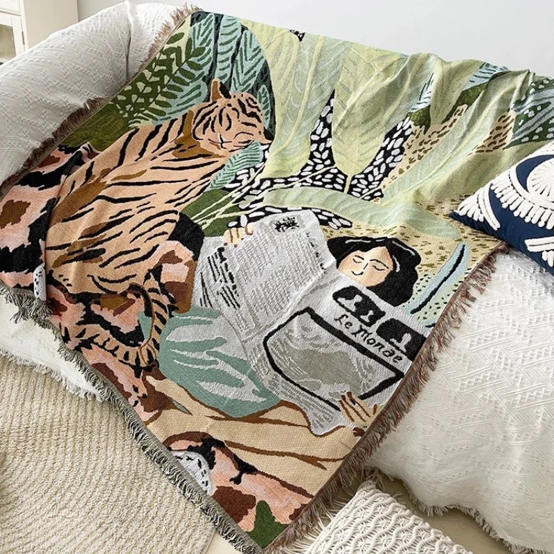 Ins Cartoon Tiger and Girl Abstract Knitted Tassel Bed Sofa Cover Camping Picnic Wall Hanging Tapestry Home Decorations