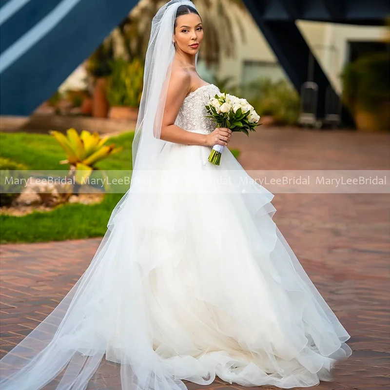 Suknia ślubna bez ramiączek, balowa, z warstwową tiulową spódnicą, szyta na miarę, z koronkowymi aplikacjami księżniczki, suknia ślubna vestidos de novia 2026