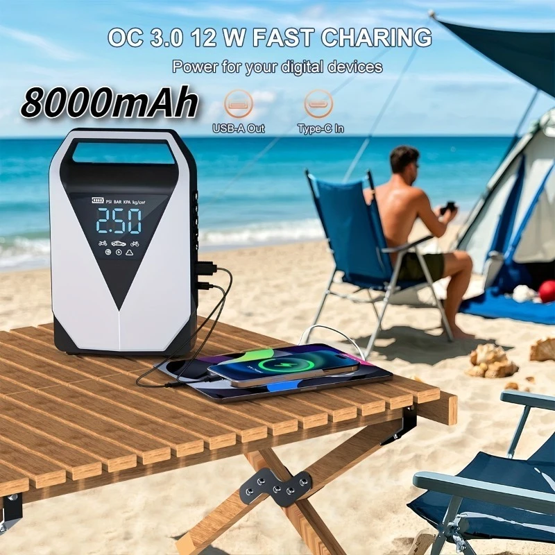 

8000mAh Mobile Power Power Bank,With Air Compressor |Cordless Tire Inflator,LED Flashlights,For 12V Gas or 10.0L Diesel Vehicles