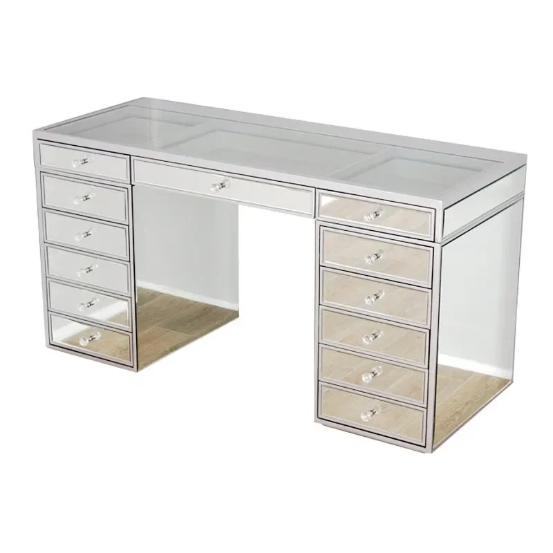 # Clear Top Glass Mirrored Vanity Makeup Table With 13 Drawers #