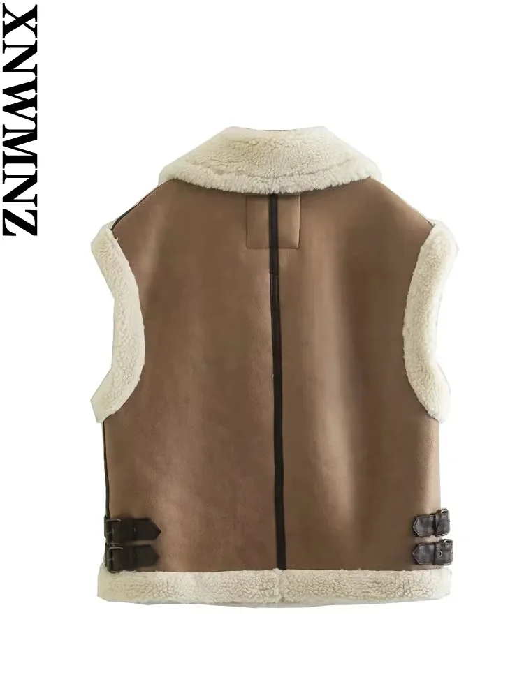 XNWMNZ 2022 Women Fashion Thick Warm Faux Fur Loose Waistcoat Vintage Sleeveless Front Zipper Female Outerwear Chic Vest Tops