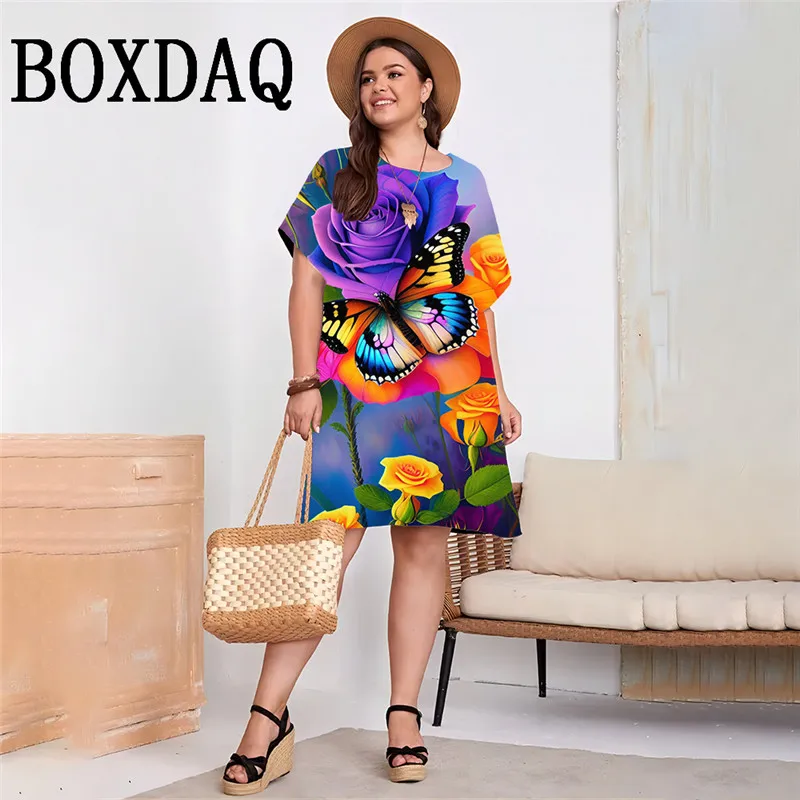 Big Size 9XL Casual Short Sleeve Women Dress Plus Size Woman Clothing Coloured Flower Butterfly Print Dresses Summer Party Dress