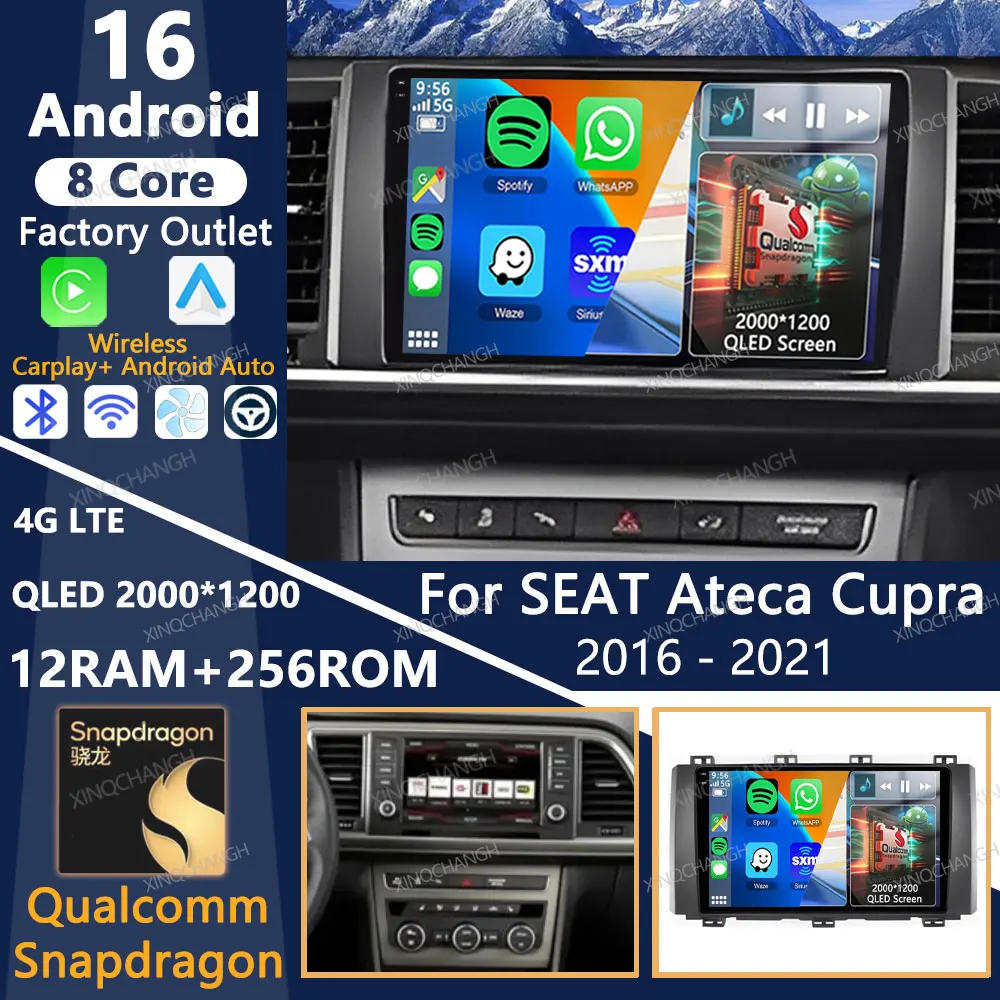 Android 16 Car Radio For SEAT Ateca Cupra 2016 - 2021 Multimedia Video Player QLED 4G LTE 5G WIFI Carplay Auto Qualcomm 2DIN BT