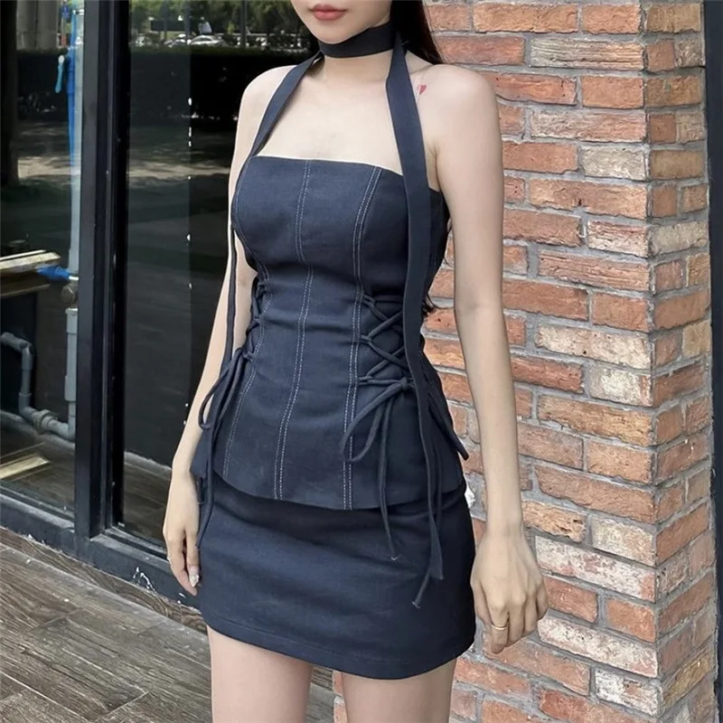 Sexy Goth Denim Sheath Mini Party Dress Women Y2K Streetwear Tube Backless Bodycon Dress Fashion 2023 Vestidos A-line