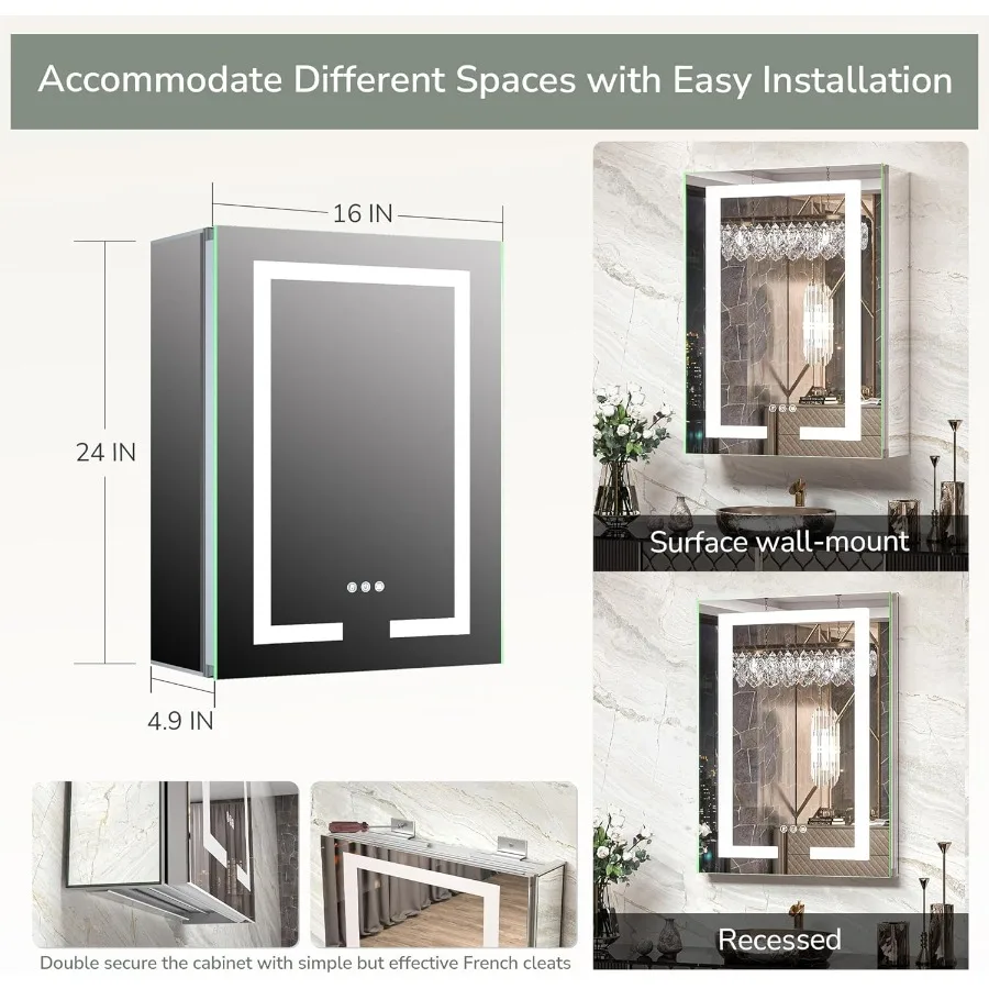 16x24 LED Bathroom Medicine Cabinet Mirror Frontlit Ligthed Anti-Fog 3 Colors Temperature Bath Mirrors for Mordern Decor