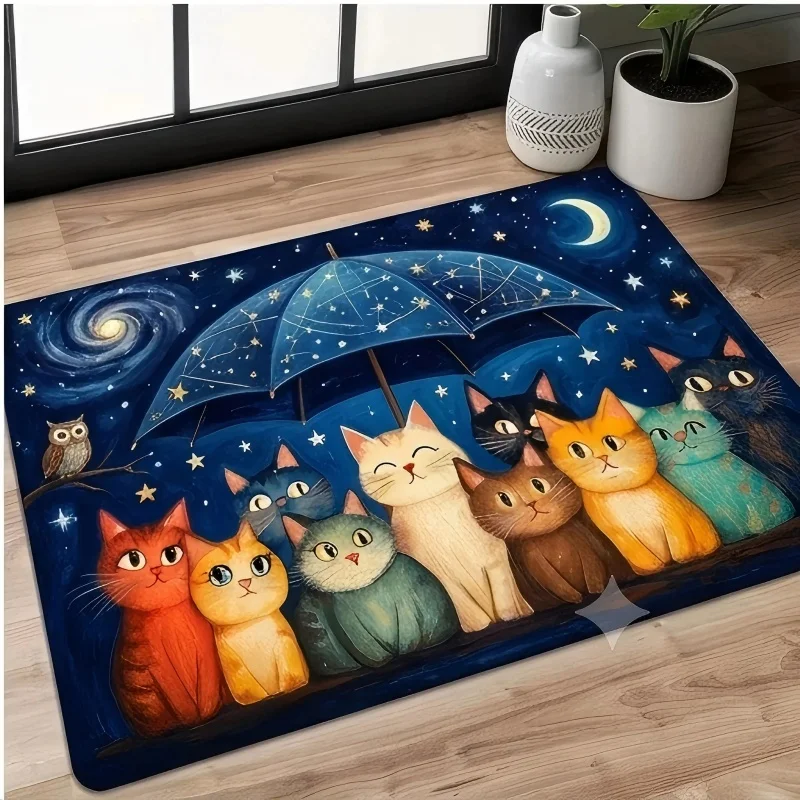 Cartoon Cats Umbrella Floral Front Door Mat, Sunflower Butterfly Garden Printed Entryway Doormat, Indoor Entrance Home Decor Rug