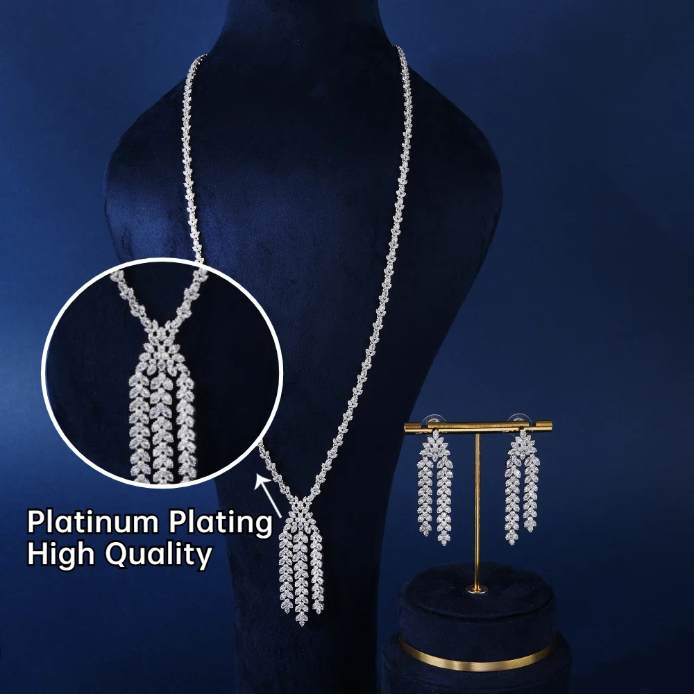 Blue Coast New Trendy Sweater Long Necklace And Earring Jewelry Sets For Women Wedding Party CZ African Dubai Bridal