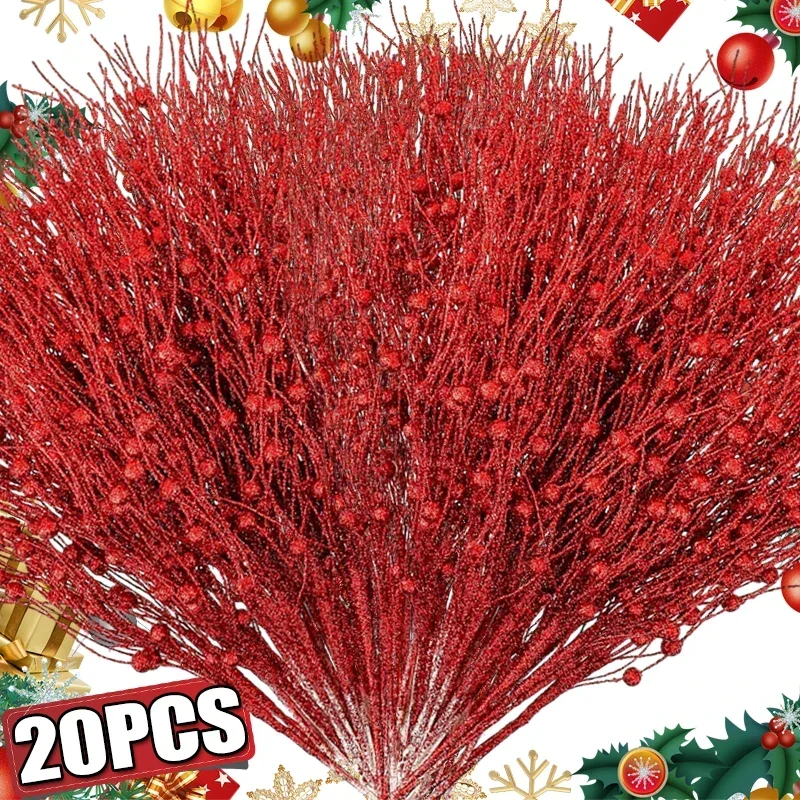 1-20Pcs Artificial Berry Stem Christmas Glitter Berries Branches Fake Flower DIY Wreath Xmas Tree Ornament Table Vase Decoration