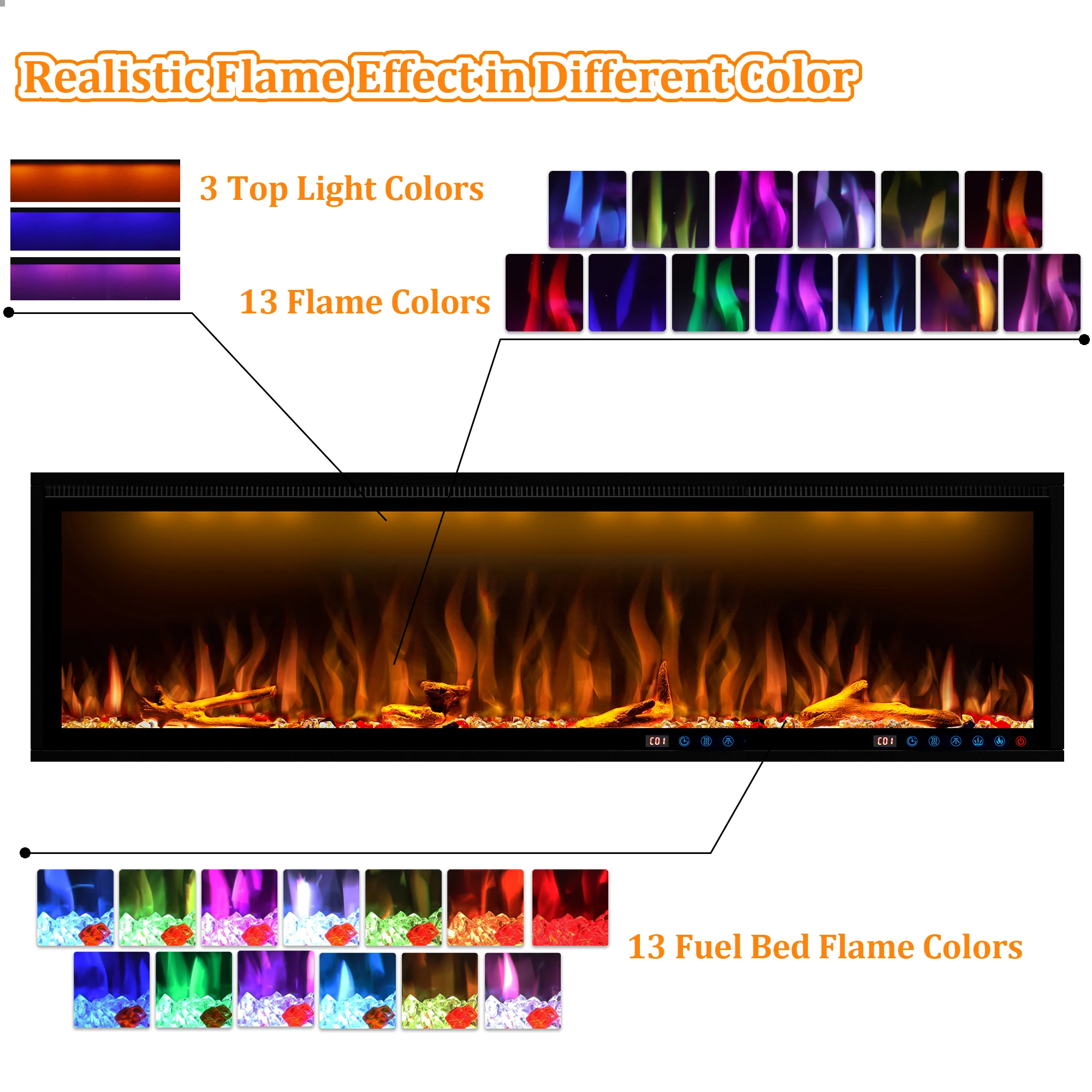 Indoor 60 Inch Media Electric Fireplace  APP WIFI Remote Control  Decor LED Flame Built-in Wall