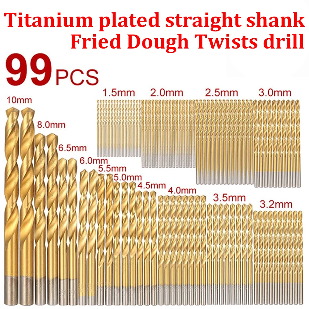 99pcs Titanium-Plated Straight Handle Twist Drill 1.5-10mm Woodworking Drill Bit Set Power Tool Accessories for Wood Metalworkin