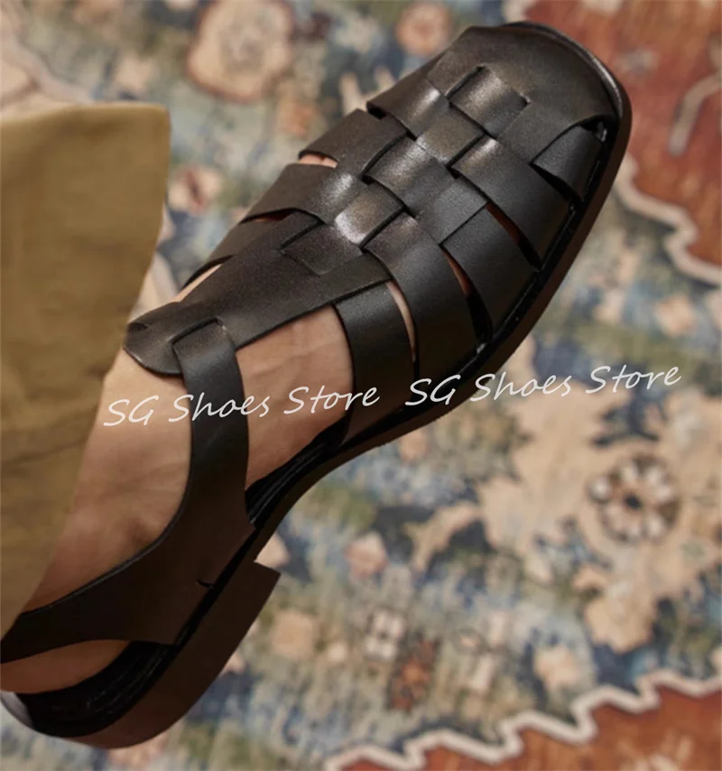 

Summer Breathable Narrow Band Sandals for Men Roman Weaving Hollow Out Buckle Strap Casual Shoes Male Outside Footwear Flats