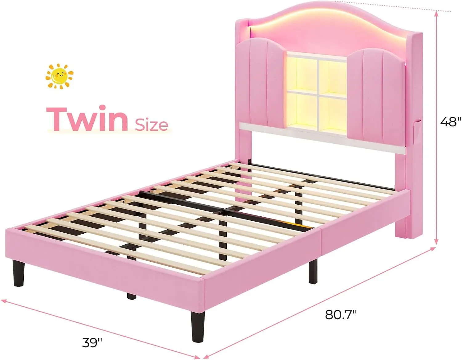 Girls Twin Bed Frame LED Upholstered Storage Headboard Princess Pink Charging Station Strong Wooden Slats No Box Spring Needed N