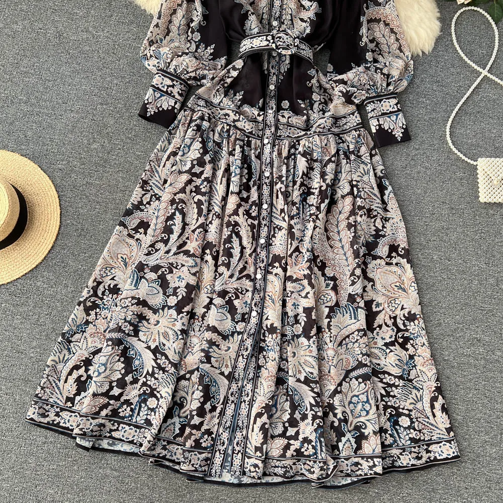 Autumn New Fashion Long Sleeve French Palace Maxi Dress Women Printed Elegant Party Vestido Feminino J058