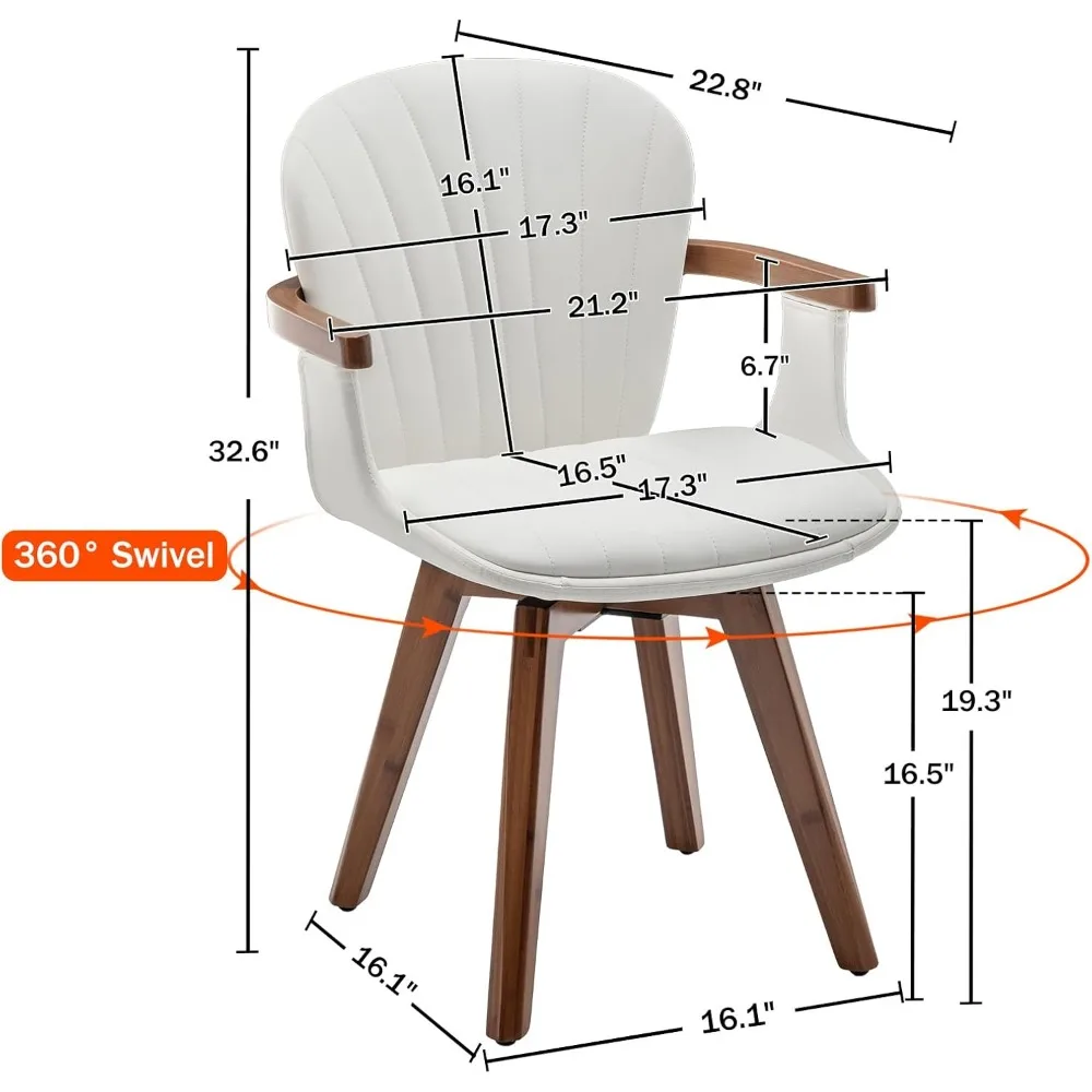 Conjunto de cadeiras de jantar de 2, cadeiras de cozinha modernas de couro sintético branco de meados do século com braços, cadeiras laterais com pernas de bambu sem rodas