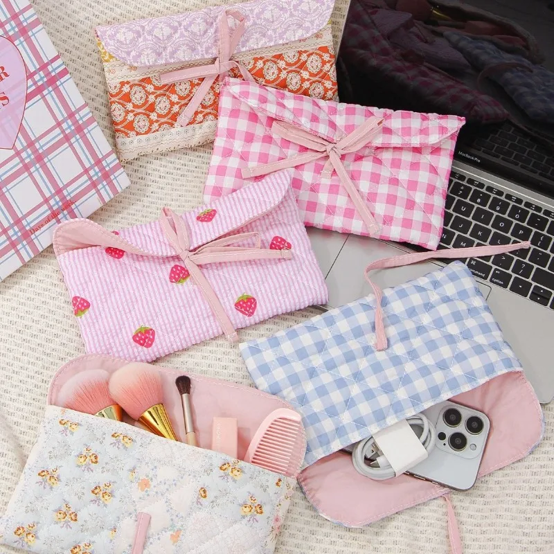 Floral Bow Plaid Print Pencil Storage Pouch Romantic Soft Kawaii Small Bag Portable Pencil Case Makeup Brush Organizer for Girls