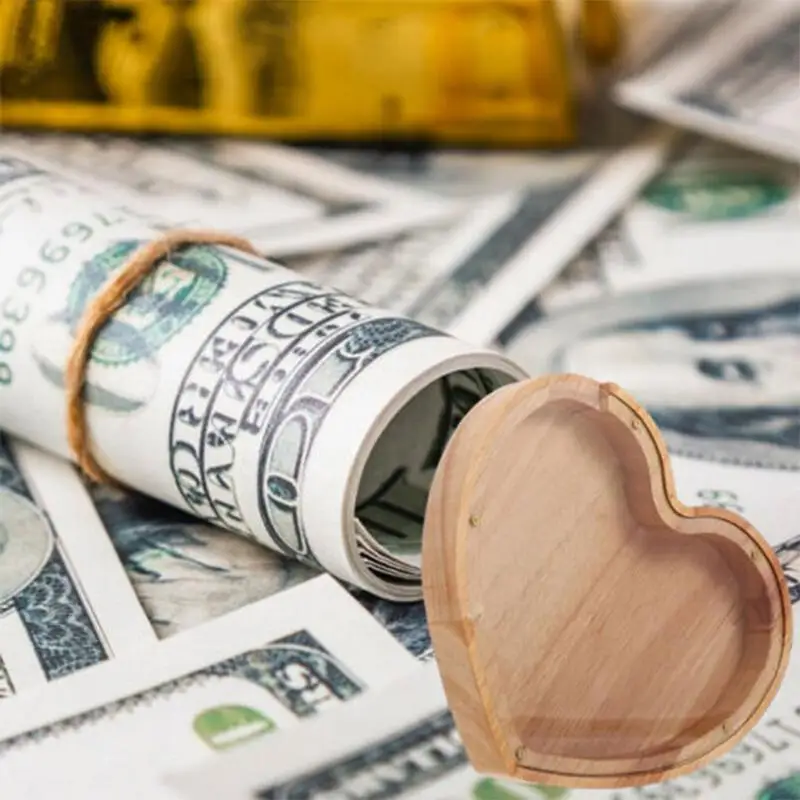 Money Safe For Cash Saving Love Heart Shape Wooden Money Saving Box Transparent Desktop Craft Ornaments Storage Box For Coin