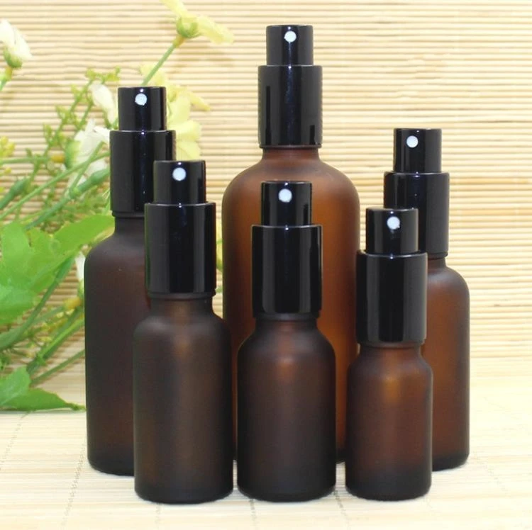 Wholesale Empty frosted amber glass essential oil perfume bottles with black Fine Mist Atomizer sprayer 10ml 30ml 50ml 100ml SN