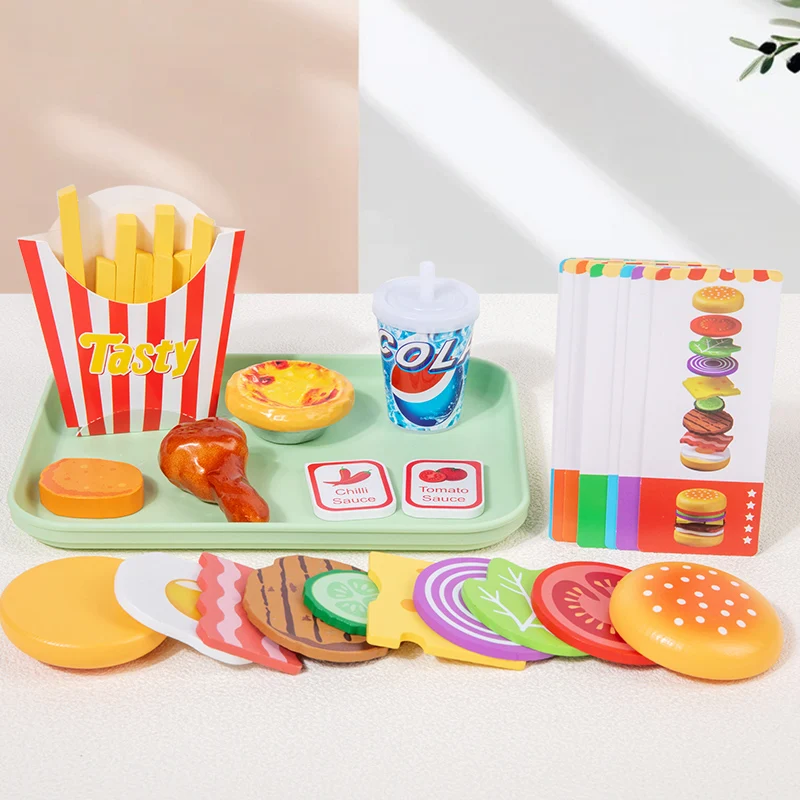 

Деревянный игровой набор для детской кухни: имитация еды, образовательный набор с гамбургером и жареной курицей, игра в домик для детей