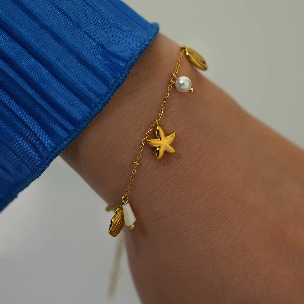 

Trendy Shell Starfish Pearl Charm Bracelets for Women 18K Gold Plated Stainless Steel Waterproof Jewelry For Vacation Seaside