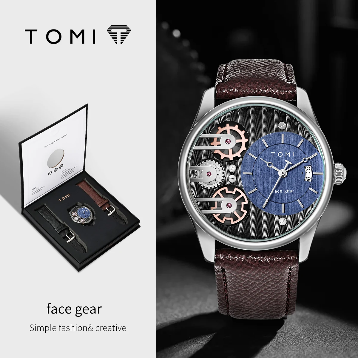 TOMI Men\'s Gift Box Combination Set Watch Luxury and Simple Business Detachable Strap Quartz Watch Men\'s Watch Festival Gift