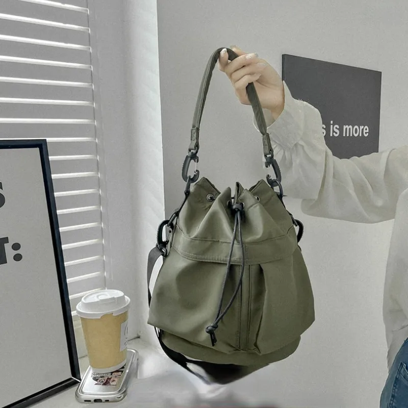 Casual Shoulder Bag Large Capacity Nylon Bucket Bag Perfect for Casual Shopping Swimming Fitness Drawstring Crossbody Handbag