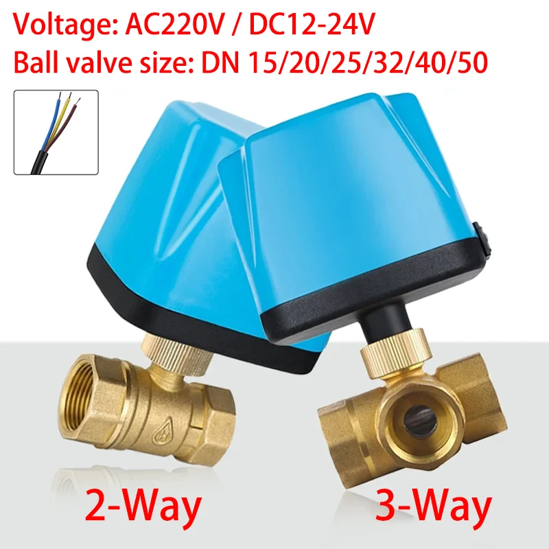 DC12V-24V or AC220V Electric Brass Ball Valve, 3-wire 2-control Electric Ball Valve 2-way, 3-way DN15 DN20 DN25 DN32 DN40 DN50