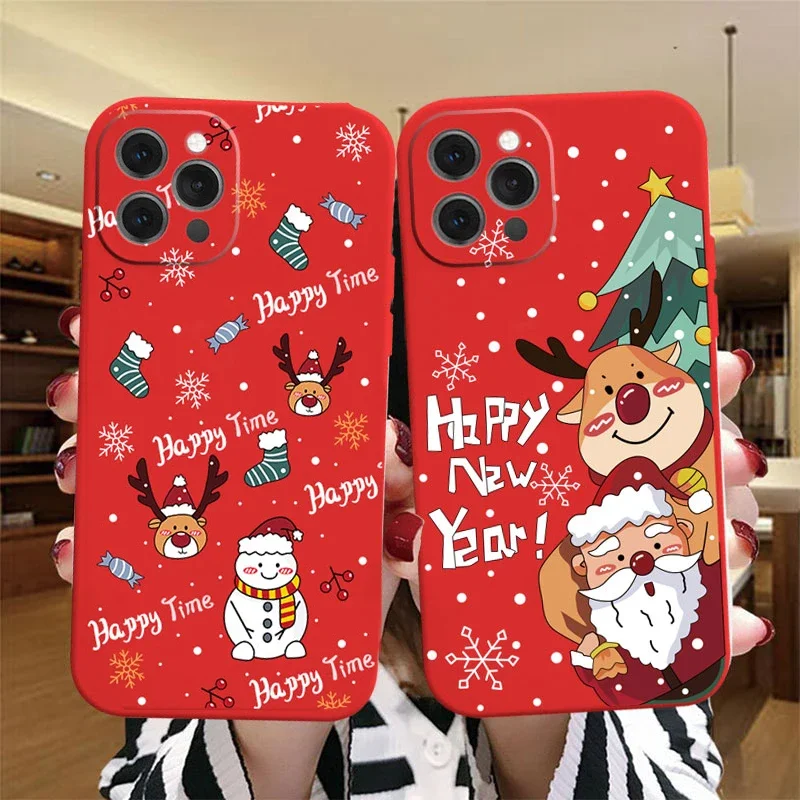 

New Year Christmas Elk Snowman Red Phone Case For iPhone 16 15 14 11 12 13 Pro Max Mini XS X 8 7 Plus SE Shockproof Cover Fundas
