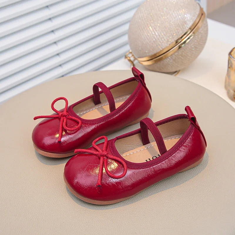

Spring Autumn Classic Children Leather Shoes Bowknot Simple Girl Causal Ballet Shoes Wine Red Fashion Kids Princess Shoes Soft