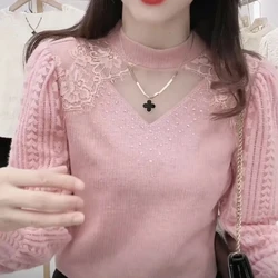 No Velvet/Add Velvet Lace Bottoming Shirt Women's Autumn Winter Long Sleeve Hollow Out Lace Shirts Female Elegant Pullover Tops