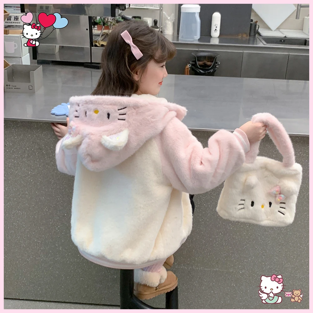 Hello Kitty Girl's Plush Jacket Winter New Kawaii Sanrios Anime Kids Teen Mink Fur Coat Zipper Fashion Warm Sweet Outdoors Coat