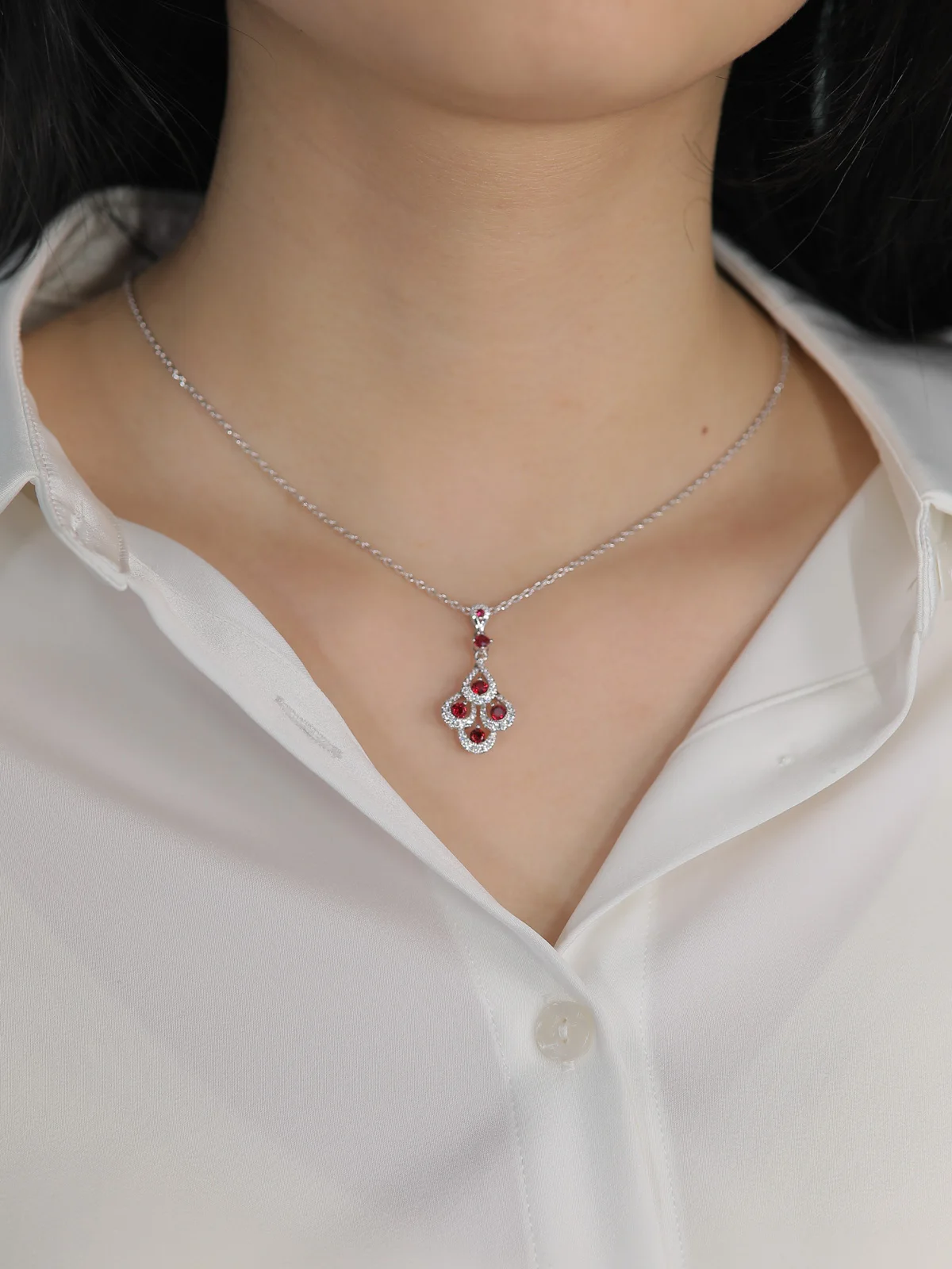 TYYL Luxury Synthetic Ruby Teardrop Stacked Pendant Silver Chain Necklace 4 Water Drop Pendants for Women Birthday Party Jewelry