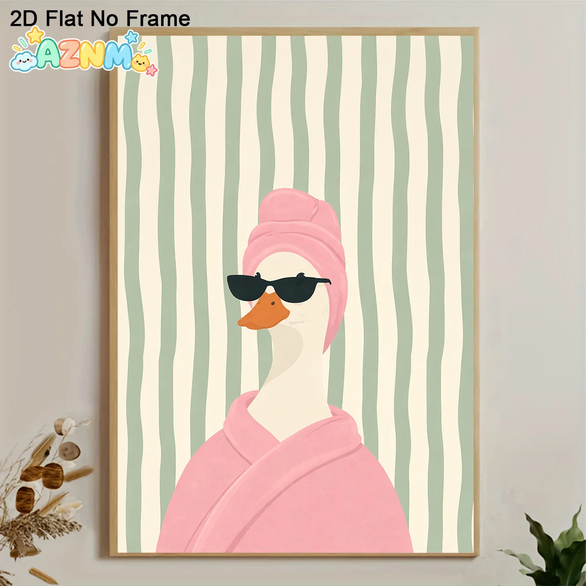 2D Flat, 1pc Modern Frameless Canvas Poster - Cute Goose in Pink Bathrobe & Fashion Glasses Wall Art, Green Stripe Background