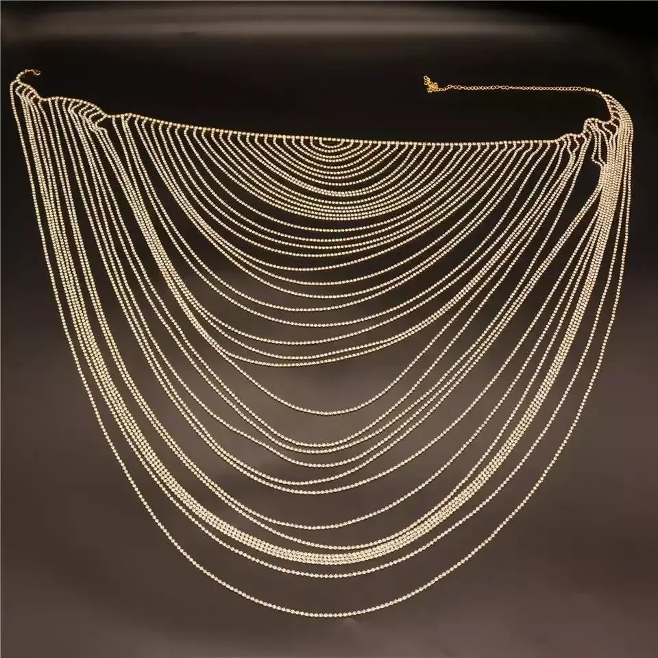 Modny łańcuszek na ciało z frędzlami i cyrkoniami, seksowny łańcuszek na bikini damskie, biustonosz klubowy, stringi, krótka spódniczka, łańcuszek jako dodatek.