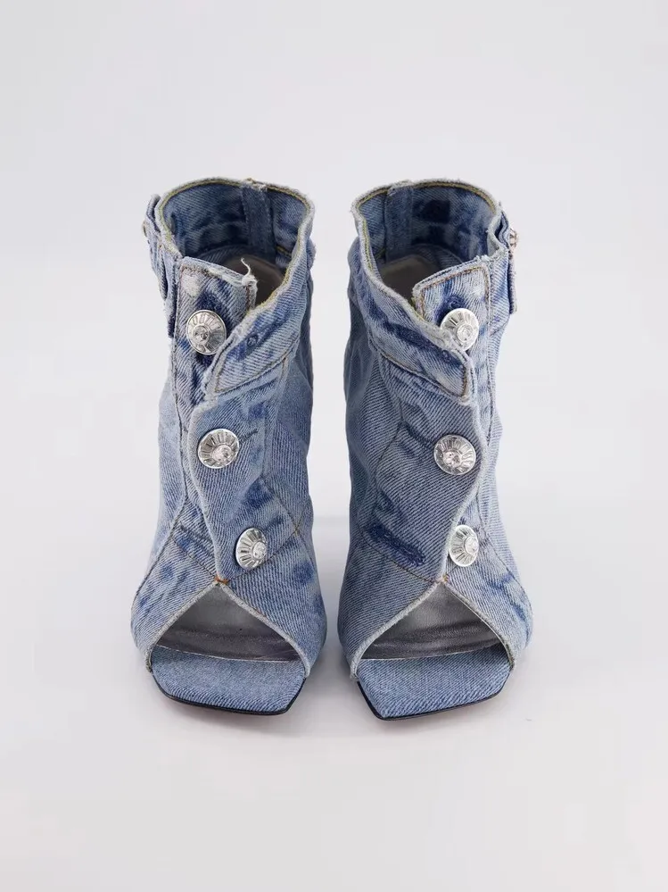 Summer European American Catwalk Thin Heel Super High Heel High Top Big Fishmouth Denim Buttons Slippers Square Toe Boots Women