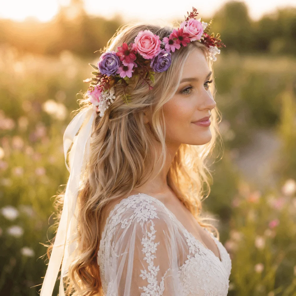 Adjustable Ribbon Artificial Flower Headband Fabric Garland Pink-Purple Color Flower Crown Forest-Style Vintage Rose