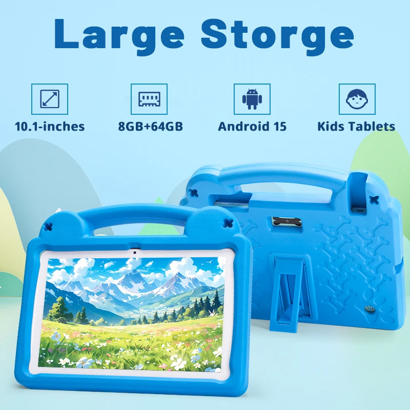 Paitanry 10.1 Inch Kids Tablet Android 15 8GB(4+4GB Expand) 64GB Storage 1280x800 IPS Eye Protection Screen Shockproof EVA Case