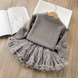 2-7y Girls Clothing Set O Neck Sweaters And Tulle Skirt 2 PCS Knit Suit Baby Ball Gown Suit
