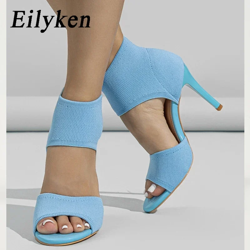 Eilyken Spring Sexy Fashion Ankle Boots Women Comfort Peep Toe Knitted Stretch Stilettos Thin Heels Cut-Out Dancing Sandals