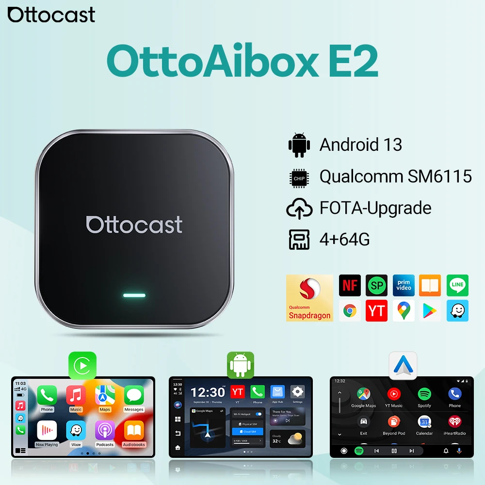 

Ottocast E2 Wireless CarPlay & Android Auto 3IN1 AI Box 4+64GB Plug & Play With Cloud Card 3.0 Dual WiFi Customizable UI For VW