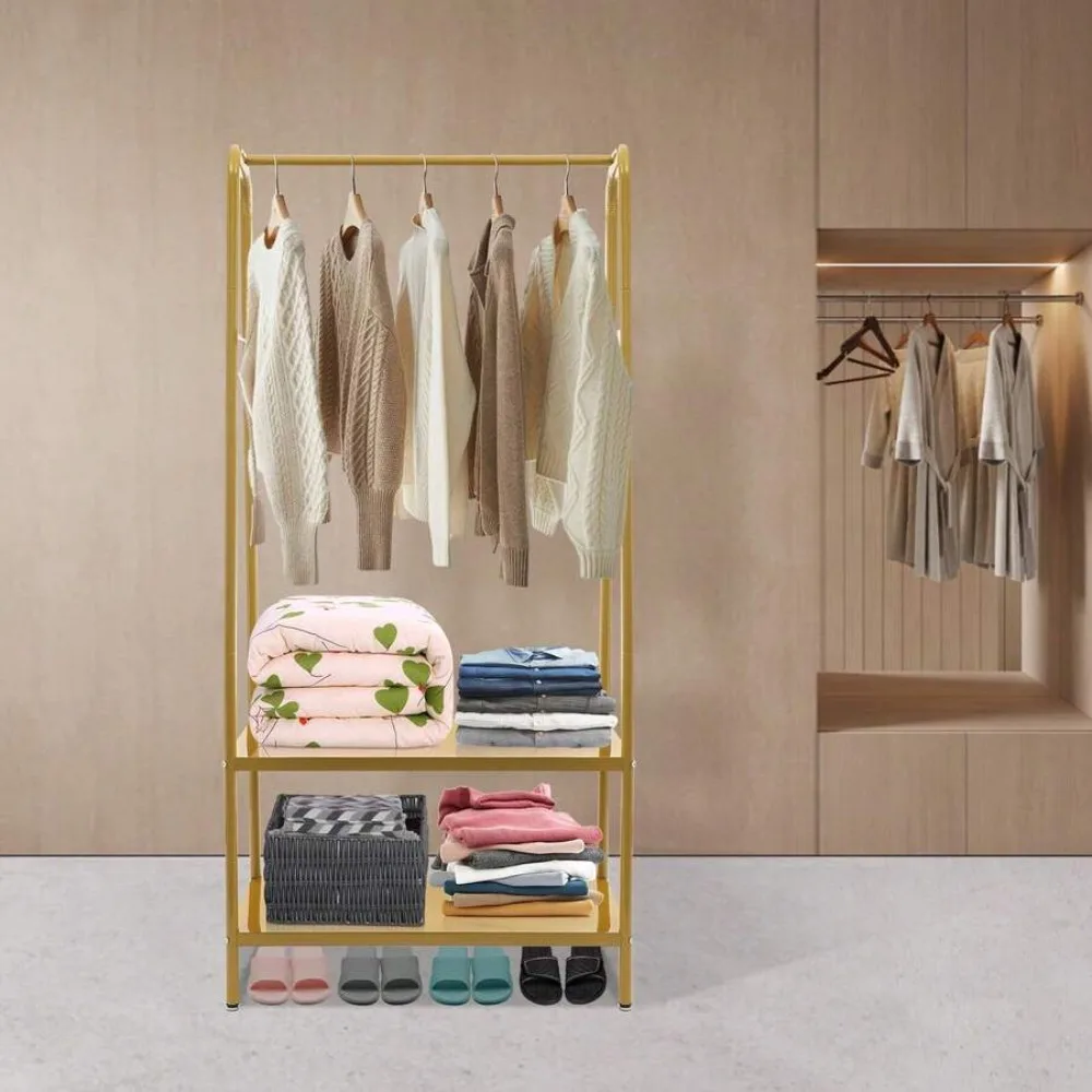Modern Gold Clothes Rack with Bottom Shelves and 6 Hooks, Heavy Duty Floor Standing Garment Rack Coat Tree, Adjustable Pads, Metal Clothing Storage Organizer for Hanging Coats Jackets Hats Bags Towels, Freestanding Wardrobe Rack for Entryway Bedroom